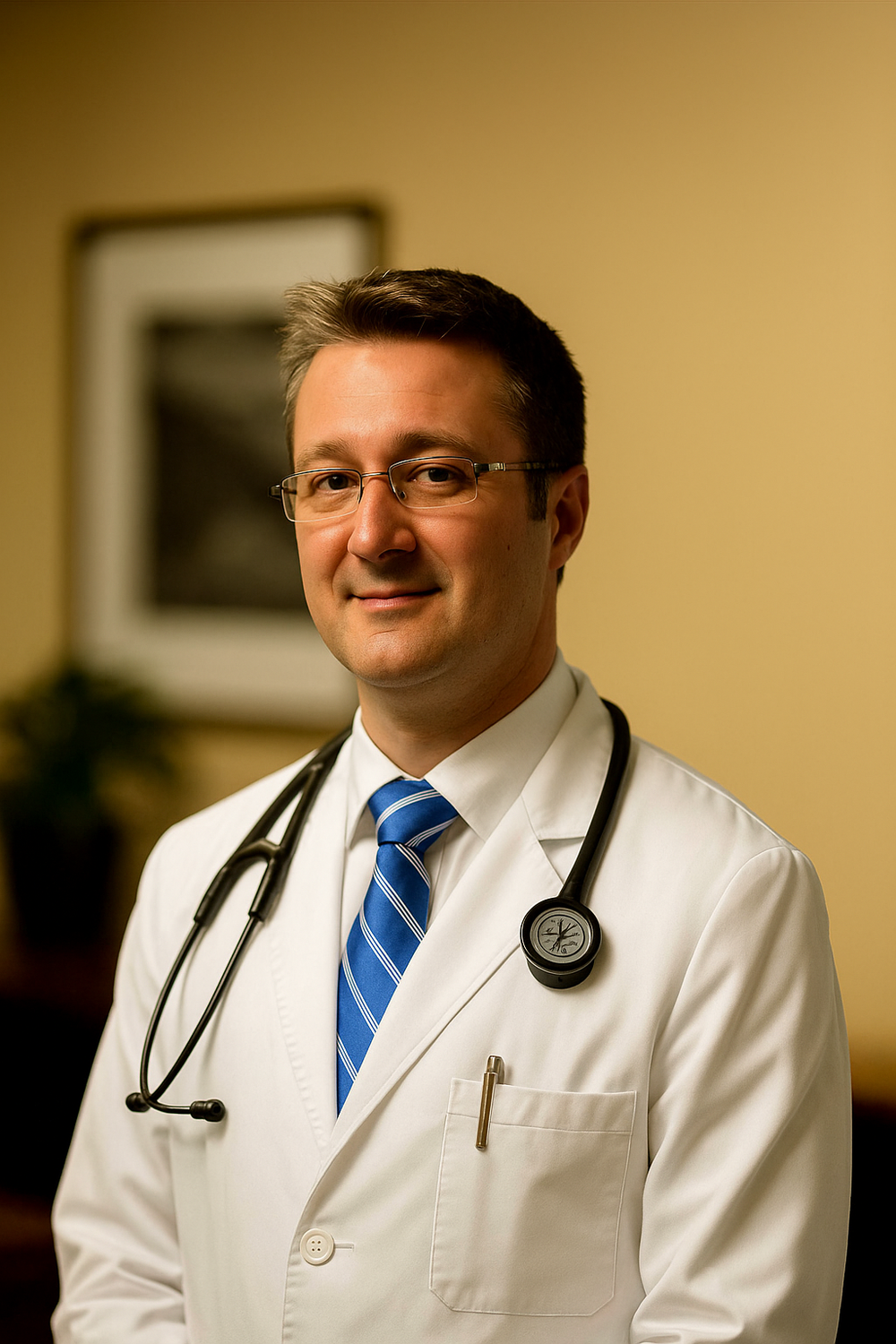 Dr. Damian Rasch, a cardiologist in Encinitas and Carlsbad, in a white coat with a stethoscope around his neck, wearing glasses and a blue striped tie.