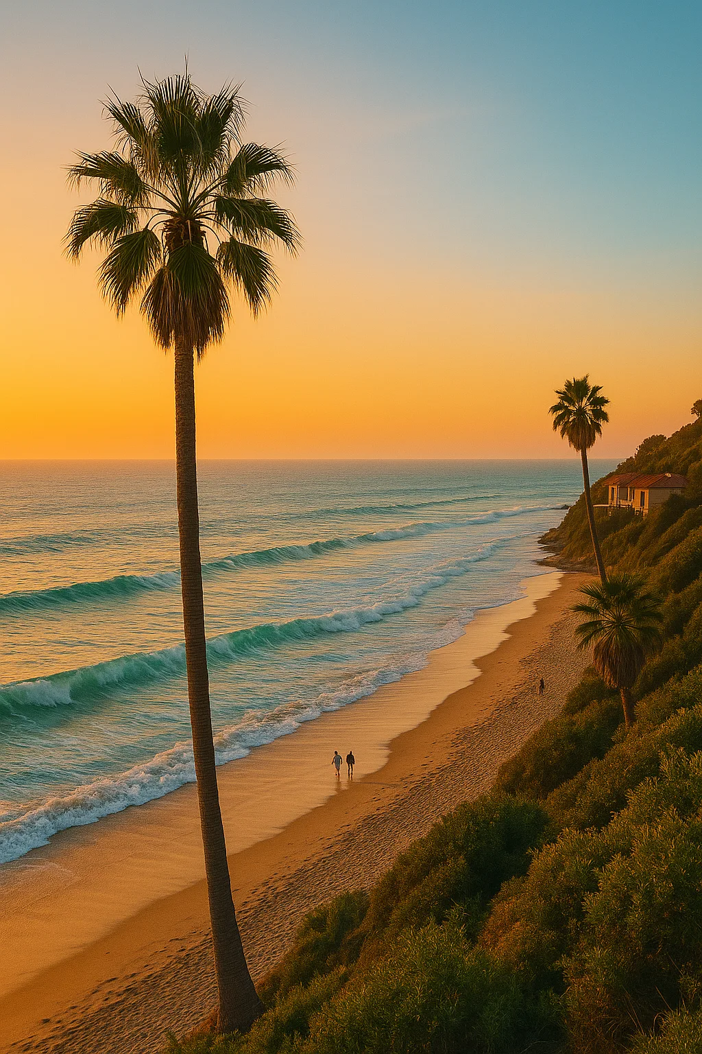 Sunset view of a Leucadia beach with three palm trees, gentle waves, and two people walking along the shoreline.